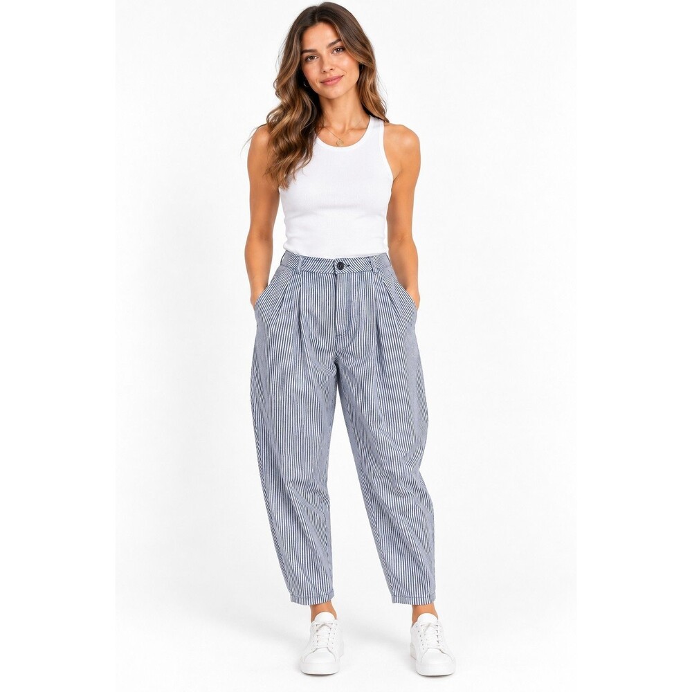 We The Free Free People Striped Pleated Tapered Pants Size 26 Blue White Cotton